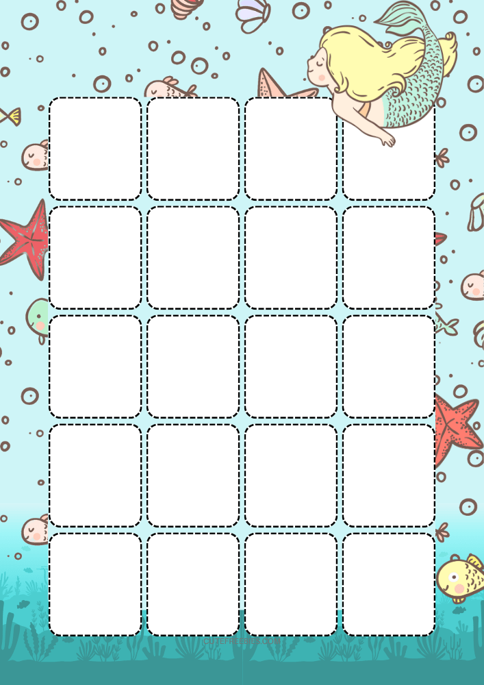 Free printable monthly calendar spread PDF template with mermaids and sea theme