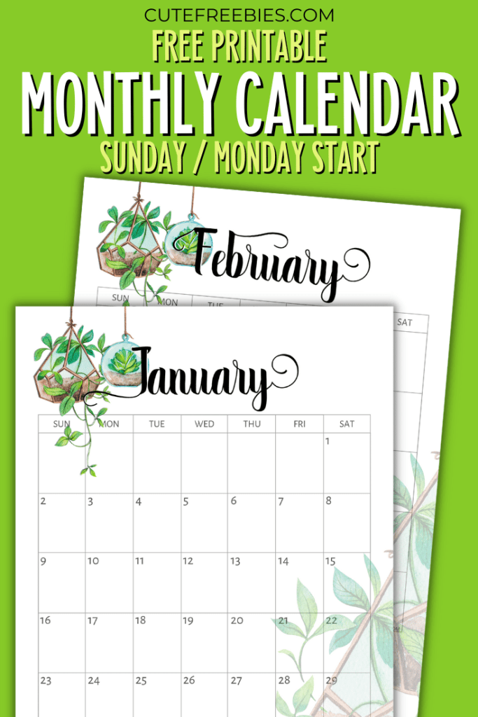 Free Printable 2025 Green Plants Calendar - 12 monthly planners with hanging plants design. #freeprintable #cutefreebiesforyou #2025