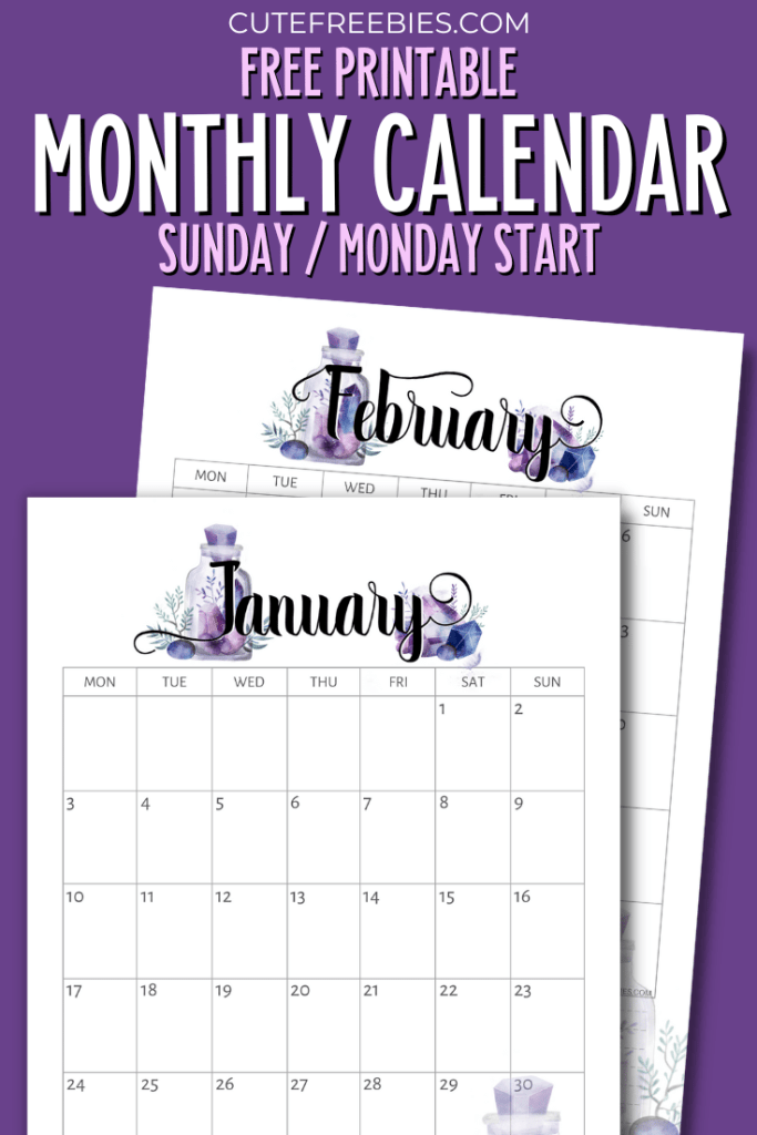 Free Printable 2025 Purple Calendar - Monthly planner printable with crystal gems.Free pdf download now! #cutefreebiesforyou #freeprintable #crystals #purple