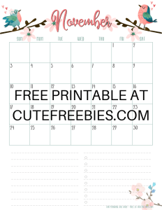 November 2019 Calendar Planner -Free Printable #cutefreebiesforyou #freeprintable