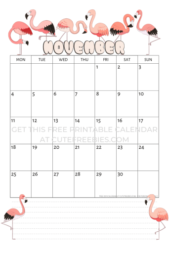 November 2019 calendar with flamingo free printable #flamingo #pink #pinkflamingo #cutefreebiesforyou 