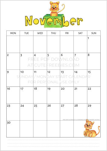 November 2020 calendar cats