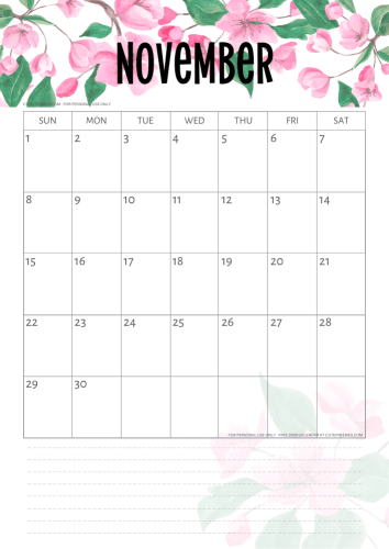 November 2020 calendar - cherry blossoms calendar #cutefreebiesforyou #freeprintable #sakura #cherryblossoms