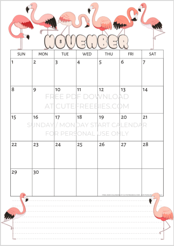 November 2020 calendar flamingo