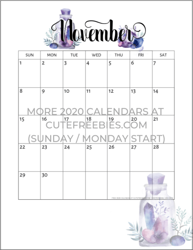 November 2020 Calendar Free Printable - Monthly planner printable with crystal gems. A4 A5 and US Letter size. Free pdf download now! #cutefreebiesforyou #freeprintable #crystals #bujomonthly #gems