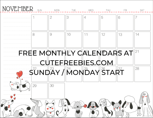 November 2020 Calendar Planner - Free Printable #cutefreebiesforyou #cutedogs #freeprintable