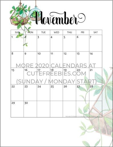 November 2020 calendar free printable with plants design