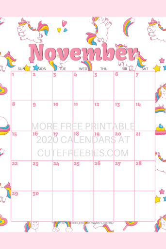 November 2020 calendar with unicorns #unicorn #freeprintable #cutefreebiesforyou