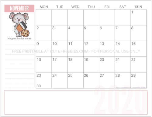 November 2020 Calendar - Year of the Rat monthly calendar - Cute 2020 coffee mouse calendar - free pdf download now! #freeprintable #cutefreebiesforyou #yearoftherat #mouse #coffeelover