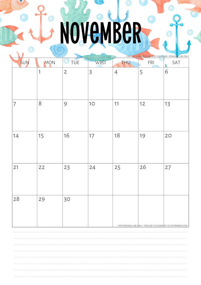 November 2021 Monthly calendar - sea themed #cutefreebiesforyou #freeprintable