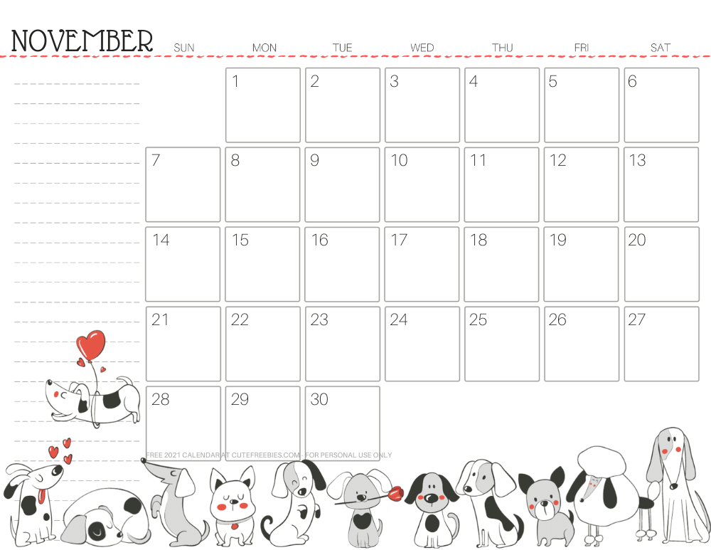 November 2021 calendar cute dog free printable #cutefreebiesforyou SEE PREVIOUS POST TO DOWNLOAD THE FREE PDF FILE