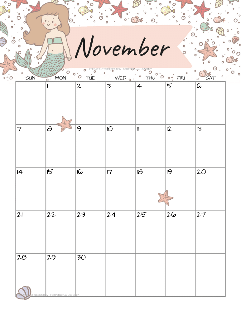 November 2021 calendar with cute mermaid #cutefreebiesforyou #mermaid #freeprintable