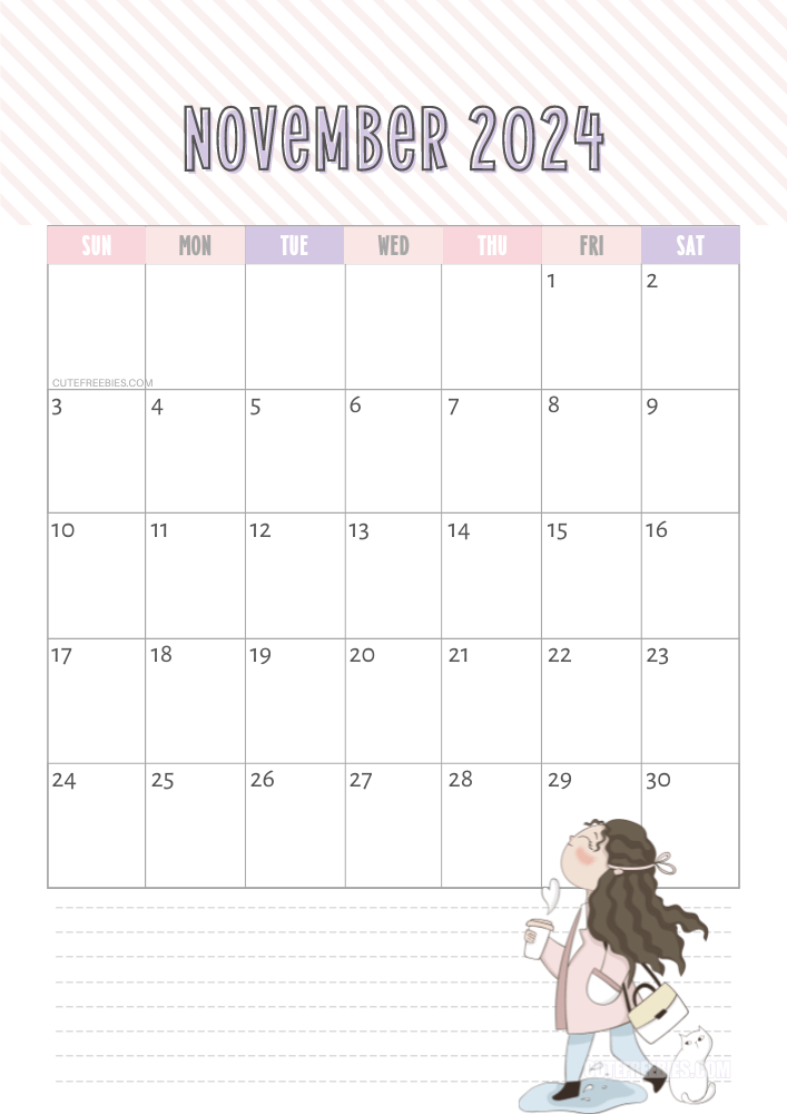 November 2024 cute cat calendar free printable #cutefreebiesforyou - SEE PREVIOUS POST TO DOWNLOAD THE COMPLETE 2024 CALENDAR