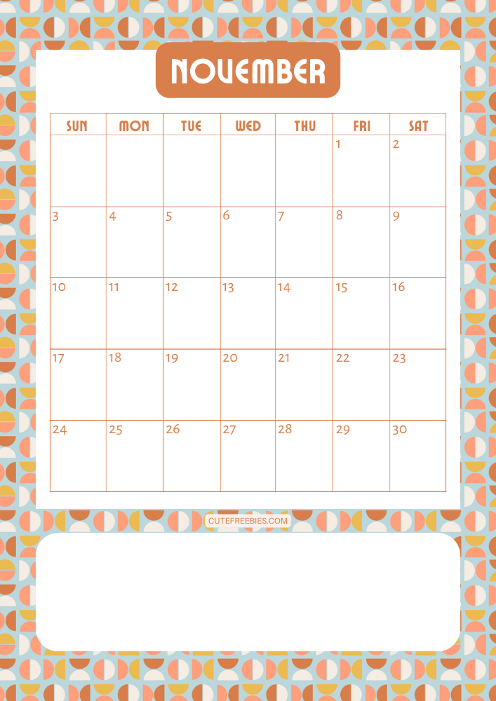 November 2024 Retro design calendar free printable cutefreebiesforyou - SEE PREVIOUS POST TO DOWNLOAD THE COMPLETE 2024 CALENDAR