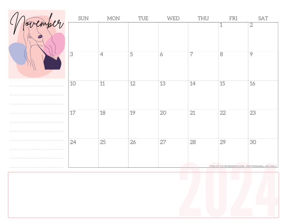 NOVEMBER 2024 line art calendar for women - free printable monthly planner - CLICK PREVIOUS POST TO DOWNLOAD THE COMPLETE 2024 CALENDAR