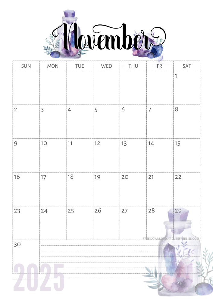 November 2025 calendar - free printable monthly calendar with purple crystals (SEE PREVIOUS POST TO DOWNLOAD THE COMPLETE 2025 CALENDAR)