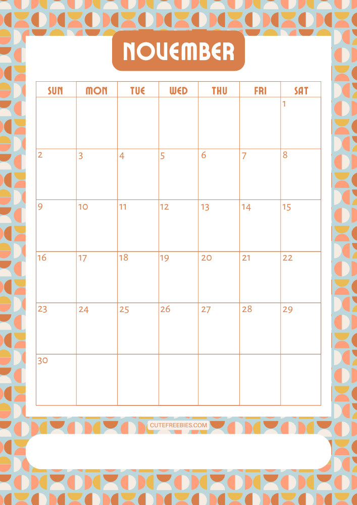 November 2025 colorful retro calendar free printable cutefreebiesforyou - SEE PREVIOUS POST TO DOWNLOAD THE COMPLETE 2025 CALENDAR