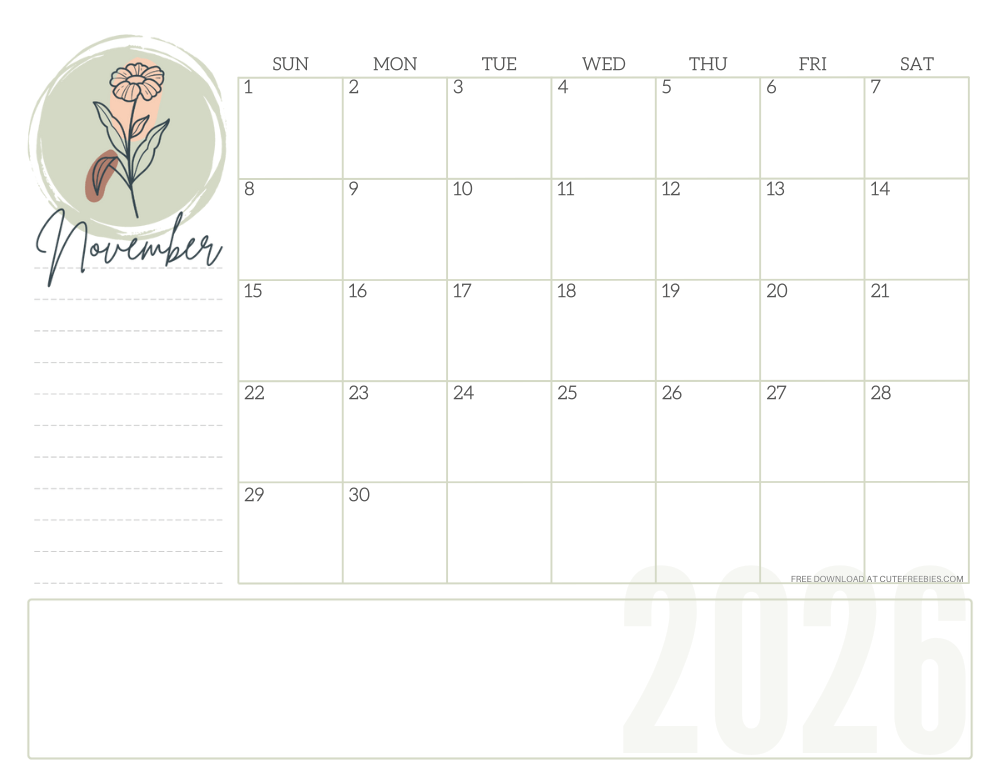 November 2026 minimalist floral aesthetic calendar - simple floral line design #cutefreebiesforyou #freeprintable SEE PREVIOUS POST TO DOWNLOAD THE COMPLETE 2026 CALENDAR