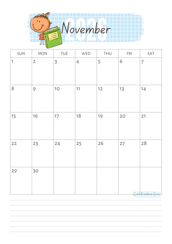 November 2026 cute calendar for kids - free printable monthly planner #cutefreebiesforyou - SEE PREVIOUS POST TO DOWNLOAD THE COMPLETE 2026 CALENDAR