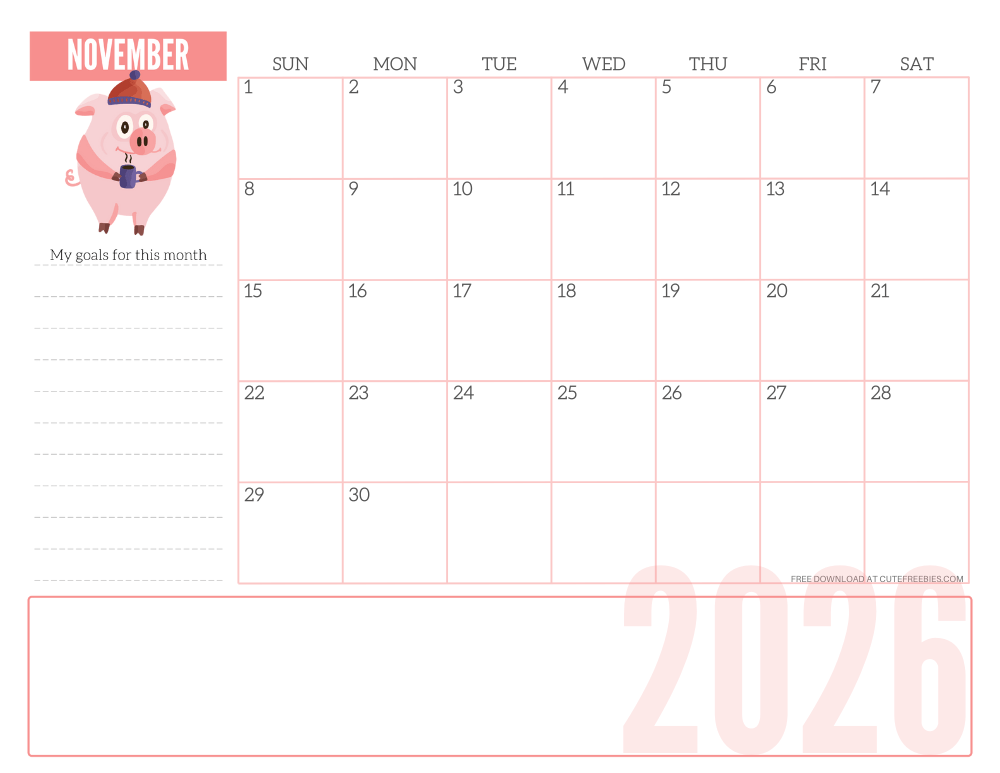 November 2026 CUTE monthly planner - free printable 2026 monthly calendar pink pig #printablesandinspirations #freeprintable SEE PREVIOUS POST TO DOWNLOAD THE COMPLETE 2026 CALENDAR