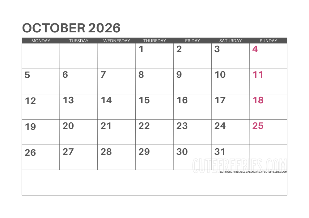October 2026 Monday calendar free printable monthly planner #cutefreebiesforyou - SEE PREVIOUS POST TO DOWNLOAD THE COMPLETE 2026 CALENDAR PLANNER