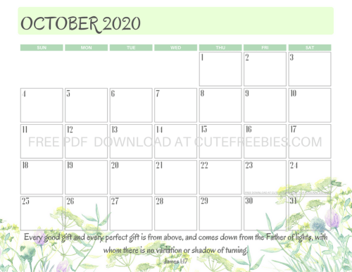 October 2020 calendar free printable pdf download. #cutefreebiesforyou #bibleversefortheday #bibleverse #freeprintable