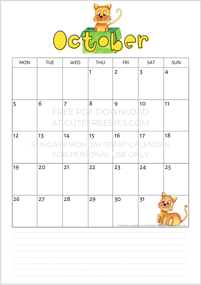 October 2020 calendar cat
