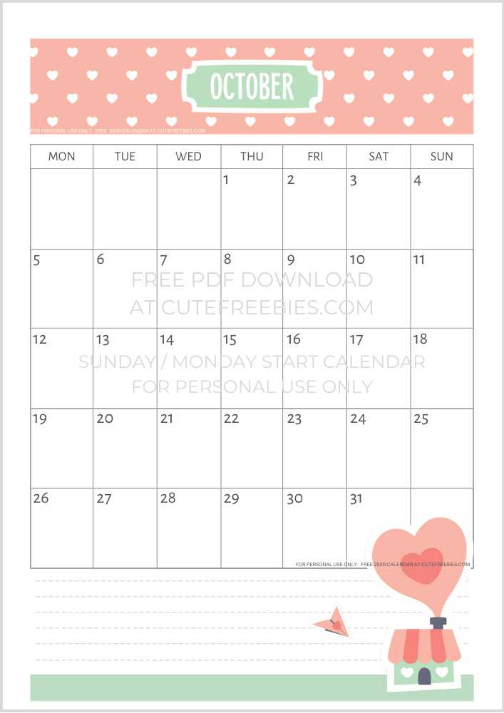 October 2020 cute calendar