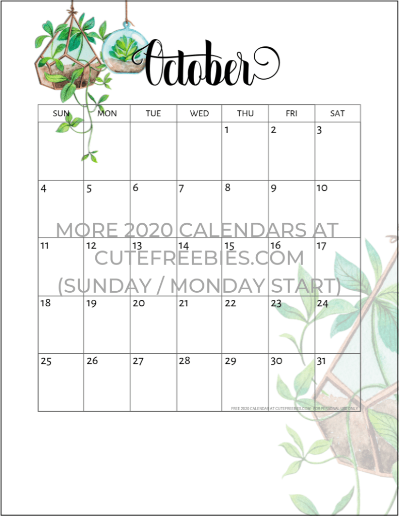October 2020 calendar free printable with plants design