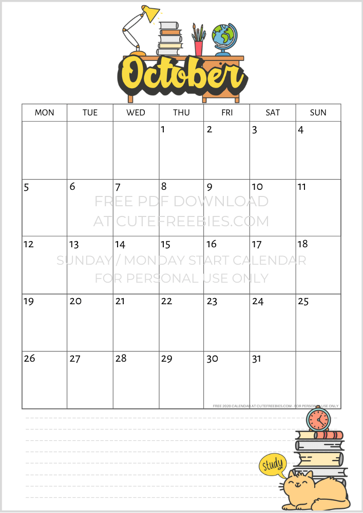 October 2020 calendar school
