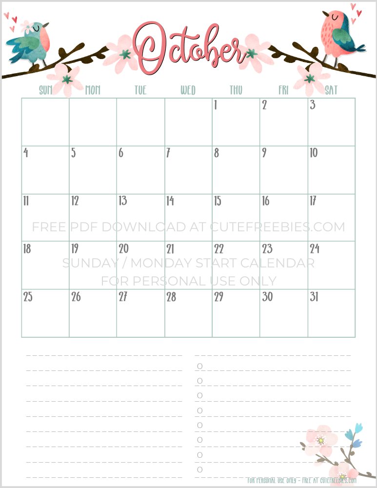 October 2020 calendar floral
