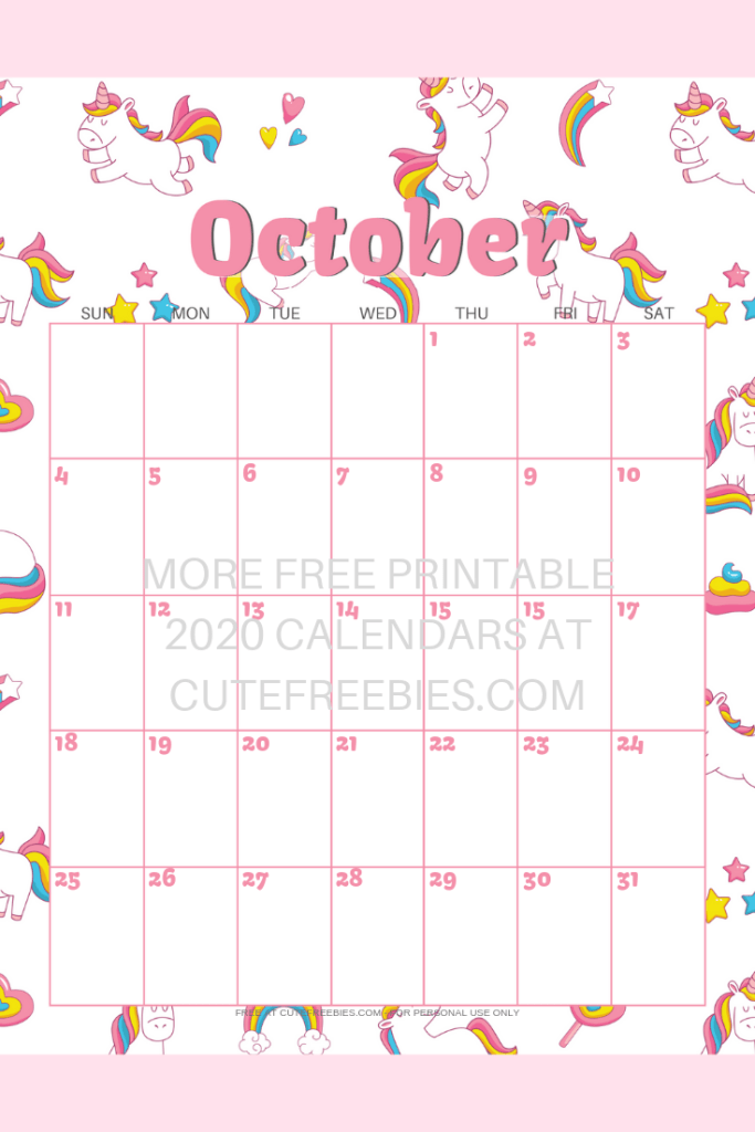 October 2020 calendar with unicorns #unicorn #freeprintable #cutefreebiesforyou