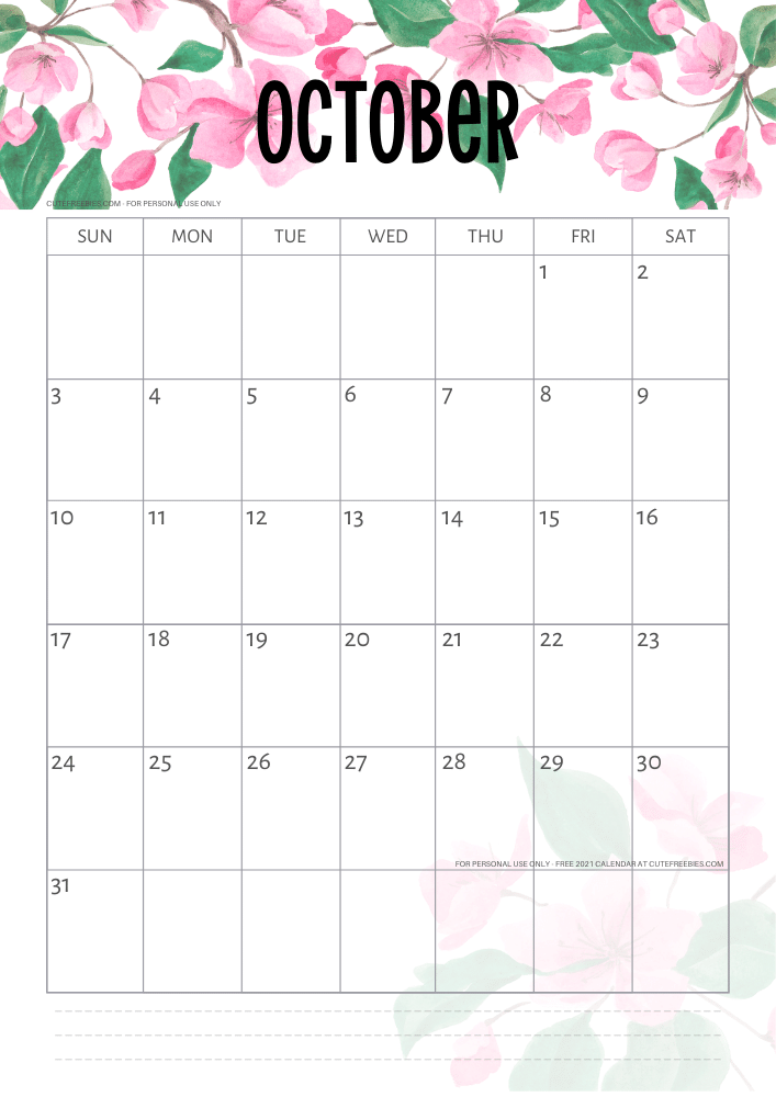 October 2021 free printable calendar with pink cherry blossoms #cutefreebiesforyou - SEE PREVIOUS POST TO DOWNLOAD THE FREE PDF FILE
