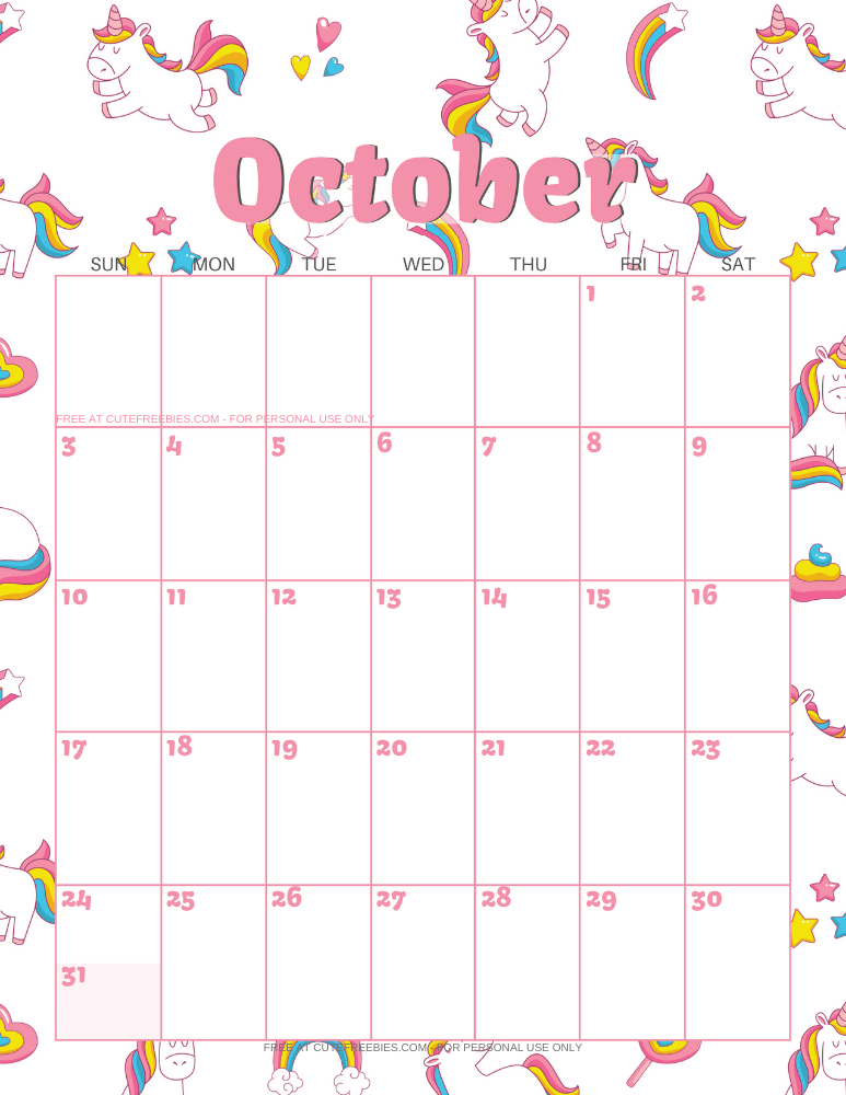 October 2021 calendar with unicorns #unicorn #freeprintable #cutefreebiesforyou