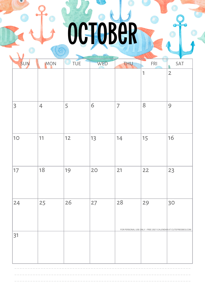 October 2021 Monthly calendar - sea themed #cutefreebiesforyou #freeprintable