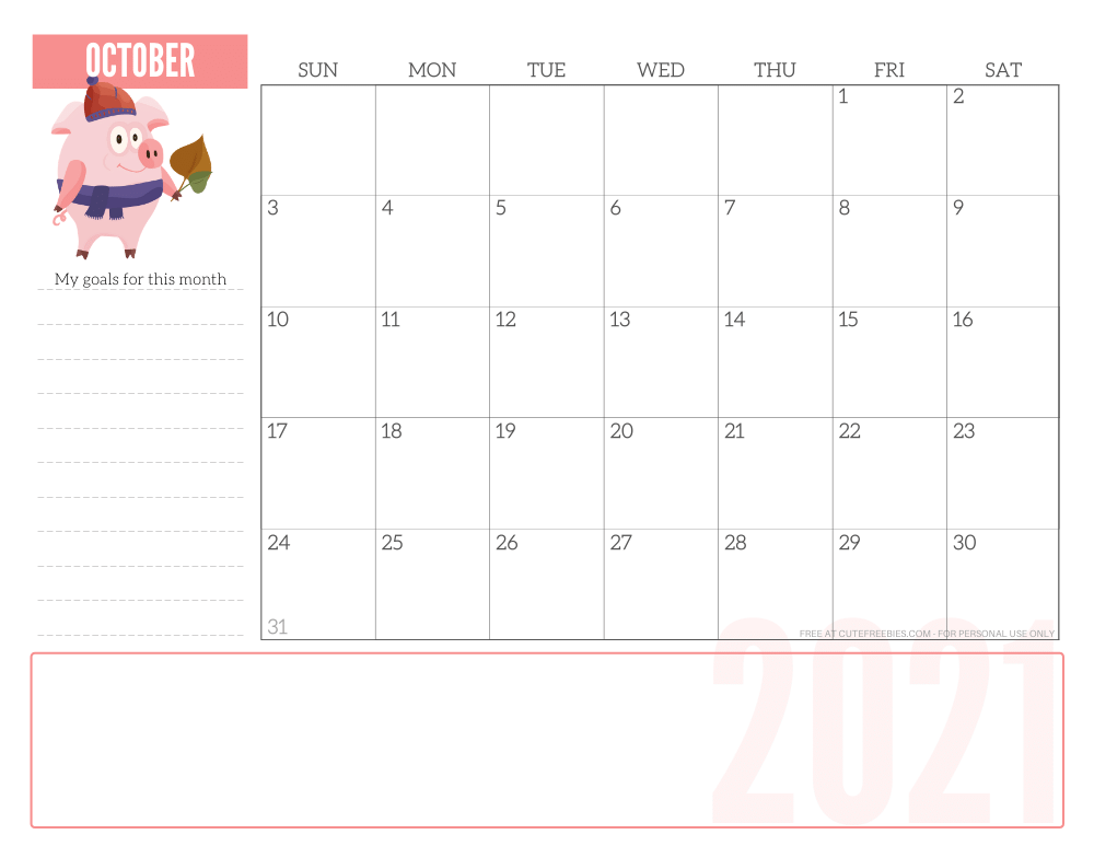 OCTOBER 2021 CUTE monthly planner - free printable 2021 monthly calendar pink pig #printablesandinspirations #freeprintable SEE PREVIOUS POST TO DOWNLOAD THE PDF