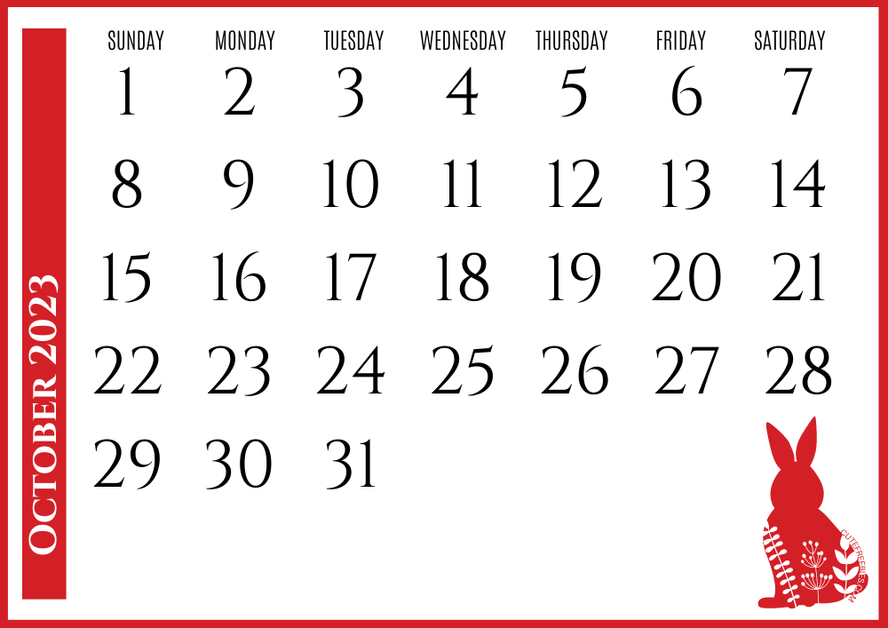 October 2023 Year of the rabbit calendar - Free printable Chinese New Year monthly calendar #cutefreebiesforyou - SEE PREVIOUS POST TO DOWNLOAD THE COMPLETE 2023 CALENDAR