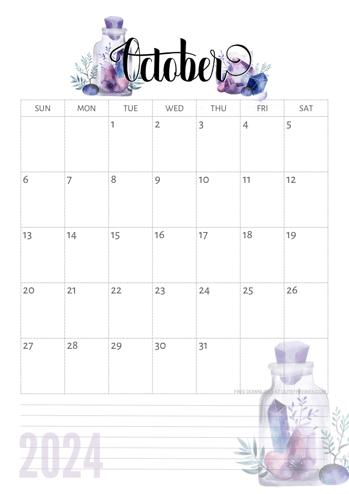 October 2024 calendar - free printable monthly calendar with purple crystals (SEE PREVIOUS POST TO DOWNLOAD THE COMPLETE 2024 CALENDAR)