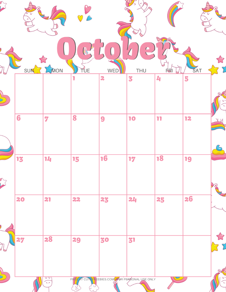 October 2024 calendar with unicorns #unicorn #freeprintable #cutefreebiesforyou