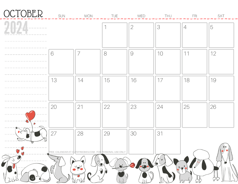 October 2024 calendar cute dog free printable #cutefreebiesforyou SEE PREVIOUS POST TO DOWNLOAD THE COMPLETE 2024 CALENDAR