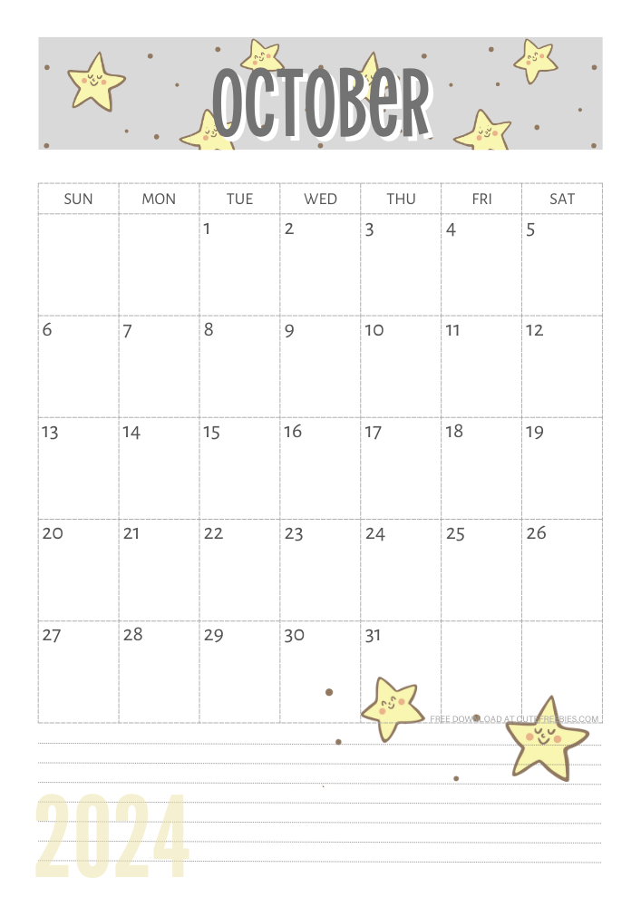 October 2024 Yellow stars calendar free printable - SEE PREVIOUS POST TO DOWNLOAD THE COMPLETE 2024 CALENDAR
