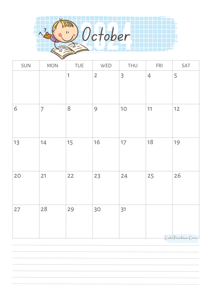 October 2024 cute calendar for kids - free printable monthly planner #cutefreebiesforyou - SEE PREVIOUS POST TO DOWNLOAD THE COMPLETE 2024 CALENDAR
