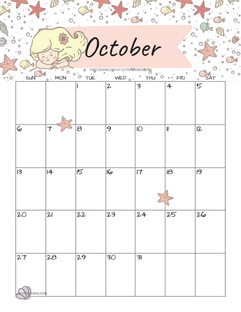 October 2024 monthly calendar with cute mermaid #cutefreebiesforyou #mermaid #freeprintable SEE PREVIOUS POST TO DOWNLOAD THE COMPLETE 2024 CALENDAR