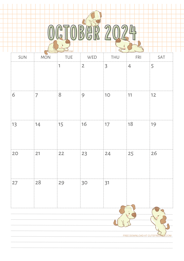 October 2024 calendar for kids cute dogs free printable #cutefreebiesforyou SEE PREVIOUS POST TO DOWNLOAD THE COMPLETE 2024 CALENDAR