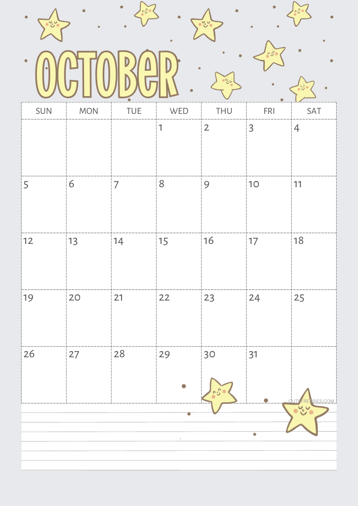 October 2025 Yellow stars calendar free printable - SEE PREVIOUS POST TO DOWNLOAD THE COMPLETE 2025 CALENDAR