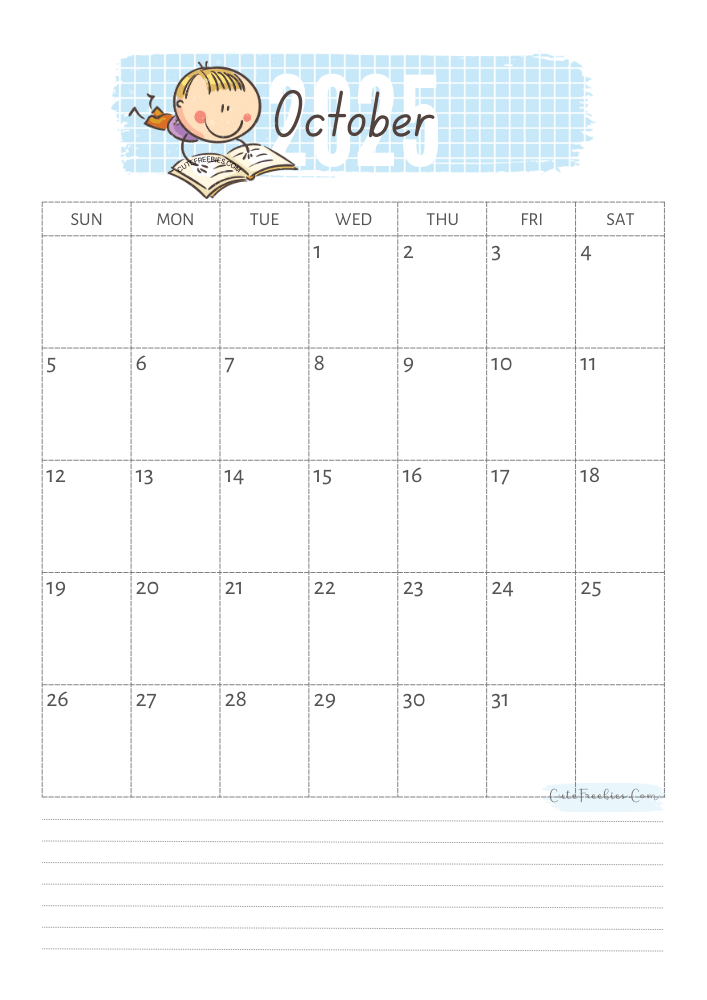 October 2025 cute calendar for kids - free printable monthly planner #cutefreebiesforyou - SEE PREVIOUS POST TO DOWNLOAD THE COMPLETE 2025 CALENDAR