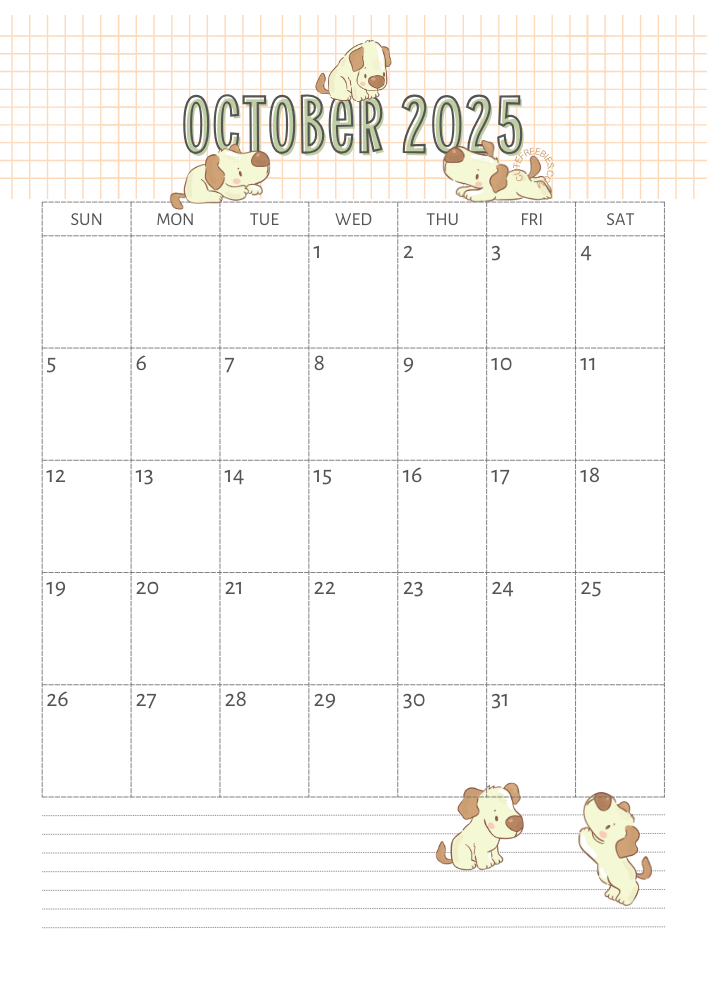 October 2025 calendar for kids cute dogs free printable #cutefreebiesforyou SEE PREVIOUS POST TO DOWNLOAD THE COMPLETE 2025 CALENDAR