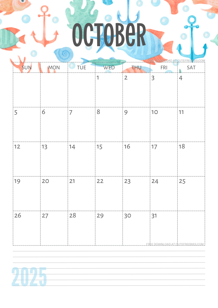 October 2025 Under the Sea themed calendar free printable - SEE PREVIOUS POST TO DOWNLOAD THE COMPLETE 2025 CALENDAR
