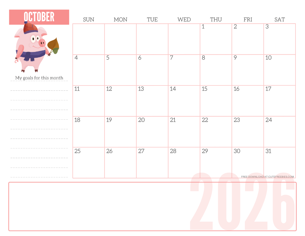 October 2026 CUTE monthly planner - free printable 2026 monthly calendar pink pig #printablesandinspirations #freeprintable SEE PREVIOUS POST TO DOWNLOAD THE COMPLETE 2026 CALENDAR