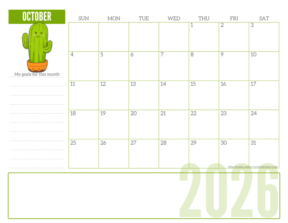 October 2026 cute monthly planner with plant - free printable 2025 cute calendar for plant lovers #freeprintable #cutefreebiesforyou SEE PREVIOUS POST TO DOWNLOAD THE COMPLETE 2026 CALENDAR #2026